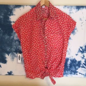 Red floral linen shirt